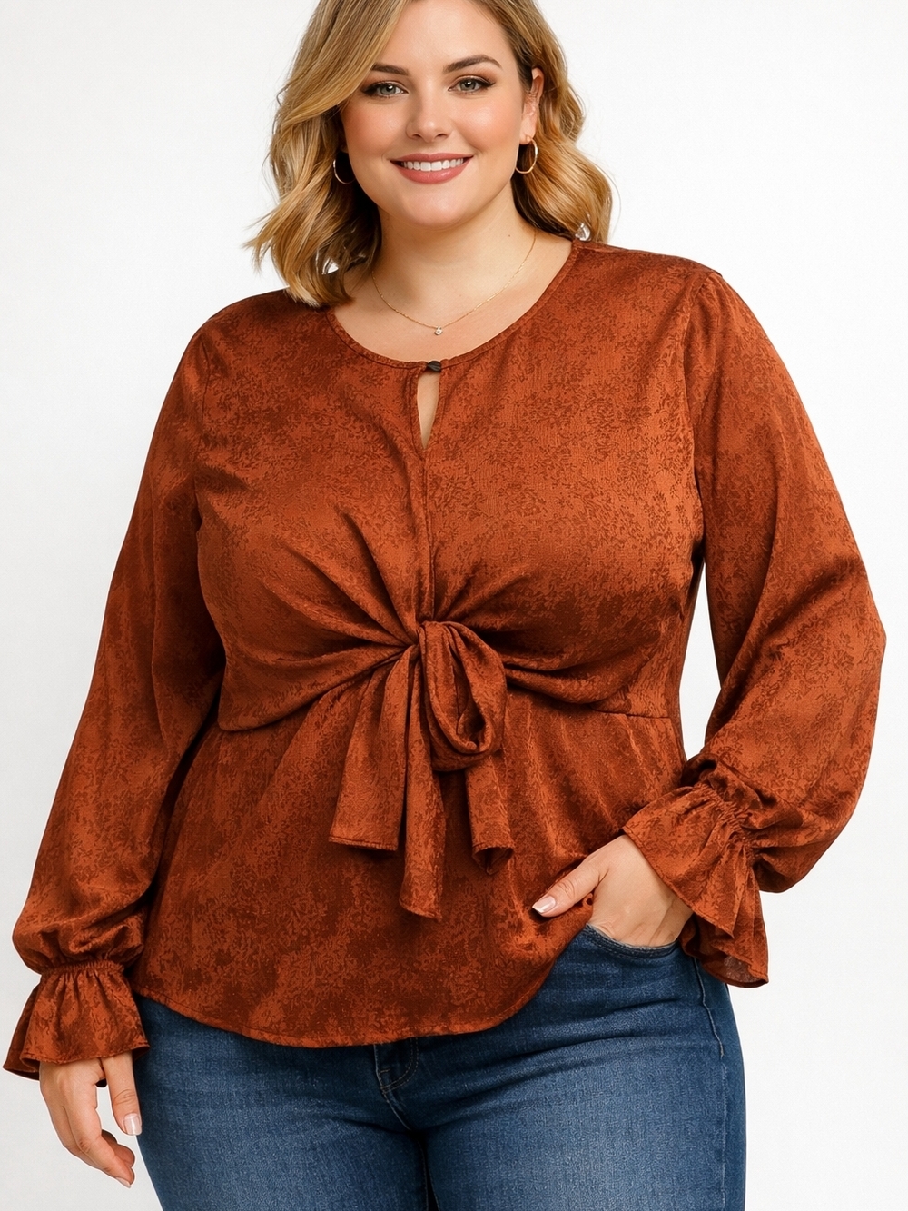 Plus Size Tie Front Blouse 2X Rust Boho Flowy Top